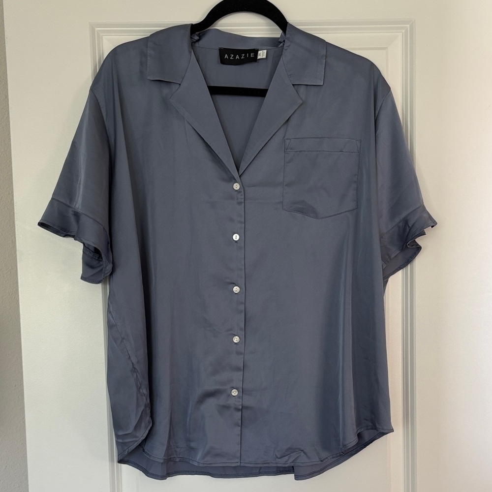 Matching Color Ruffled Short Sleeve Pajama Set in Blue Fog - Picture 4 of 8